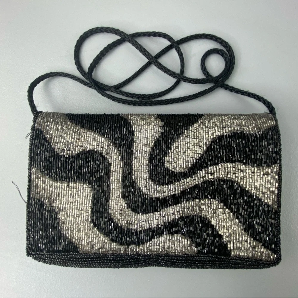 Walborg vintage beaded black & silver evening crossbody bag